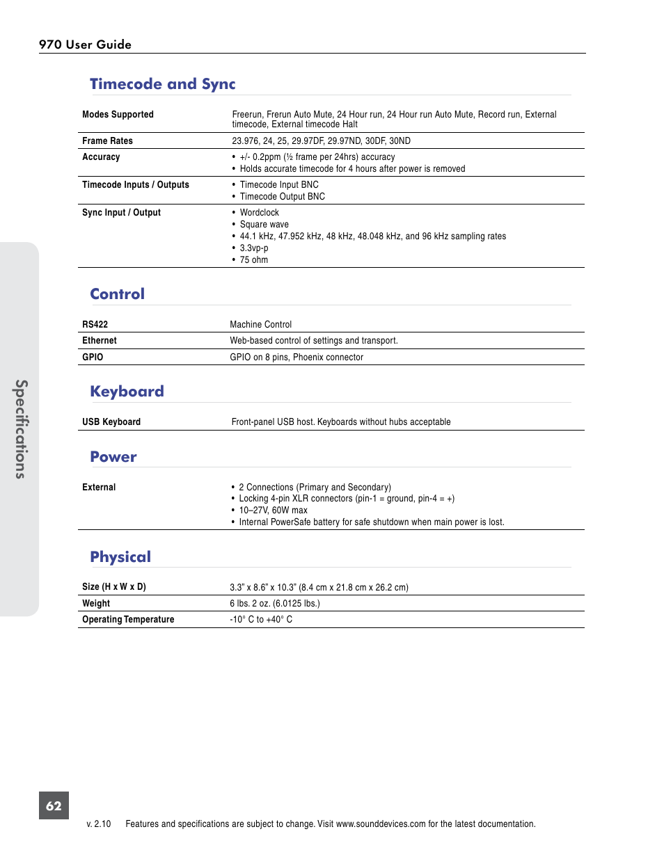 Timecode and sync, Control, Keyboard | Power, Physical, Control keyboard power physical, Specifications | Sound Devices 970 User Manual | Page 68 / 74