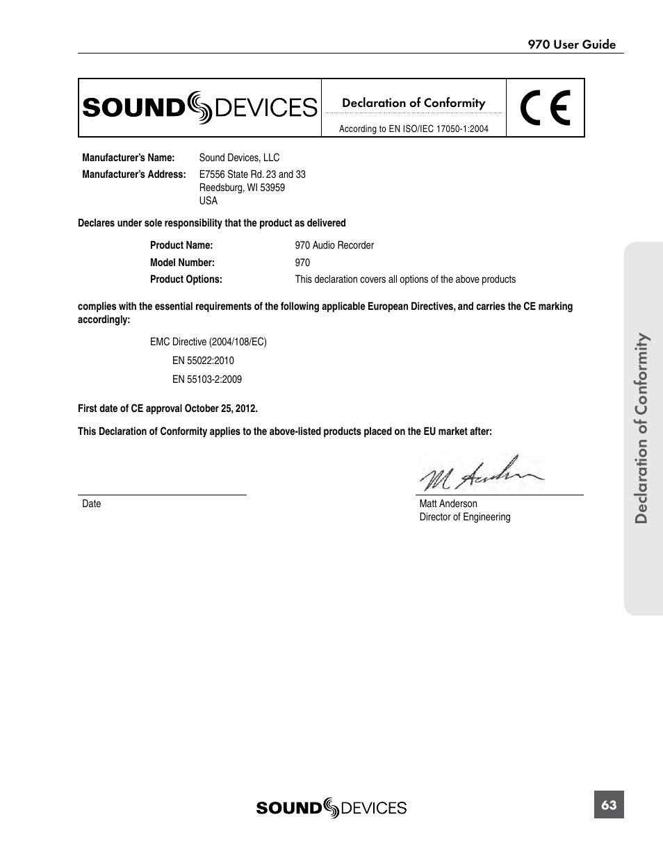 Declaration of conformity, Declar ation of confor mity | Sound Devices 970 User Manual | Page 69 / 74
