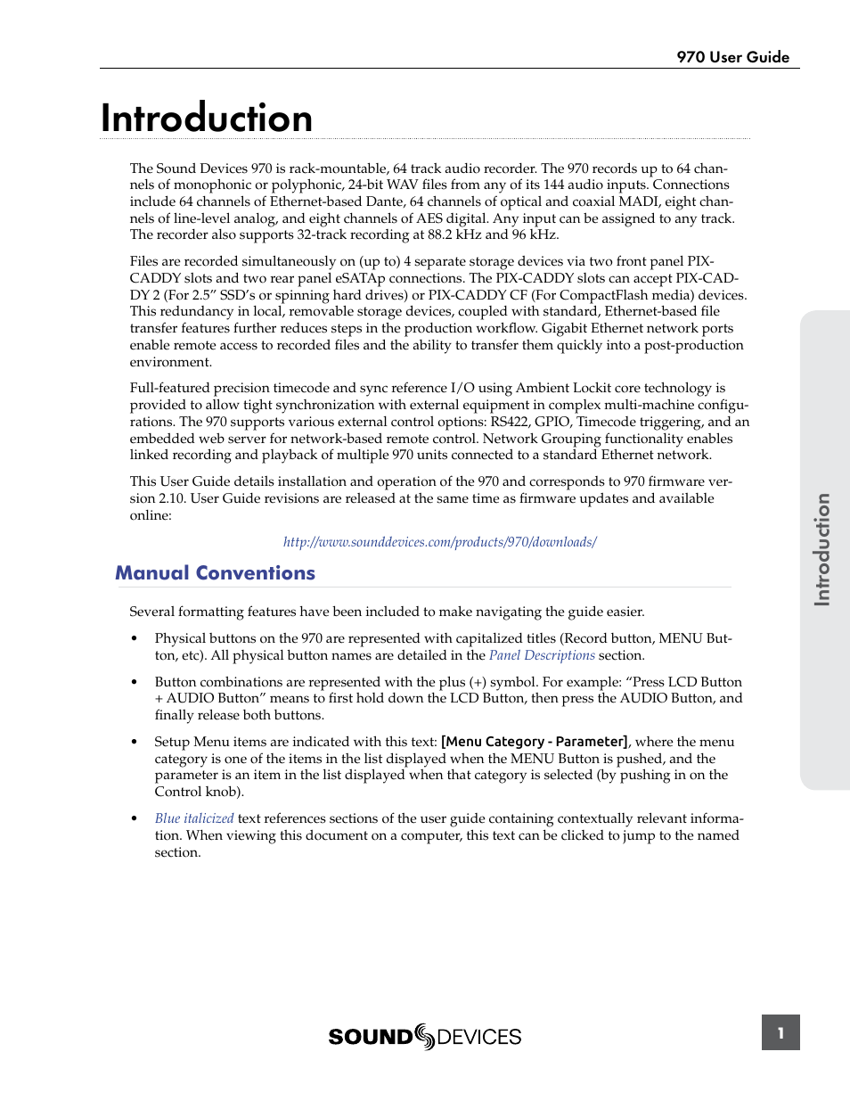 Introduction, Manual conventions, Intr oduction | Sound Devices 970 User Manual | Page 7 / 74
