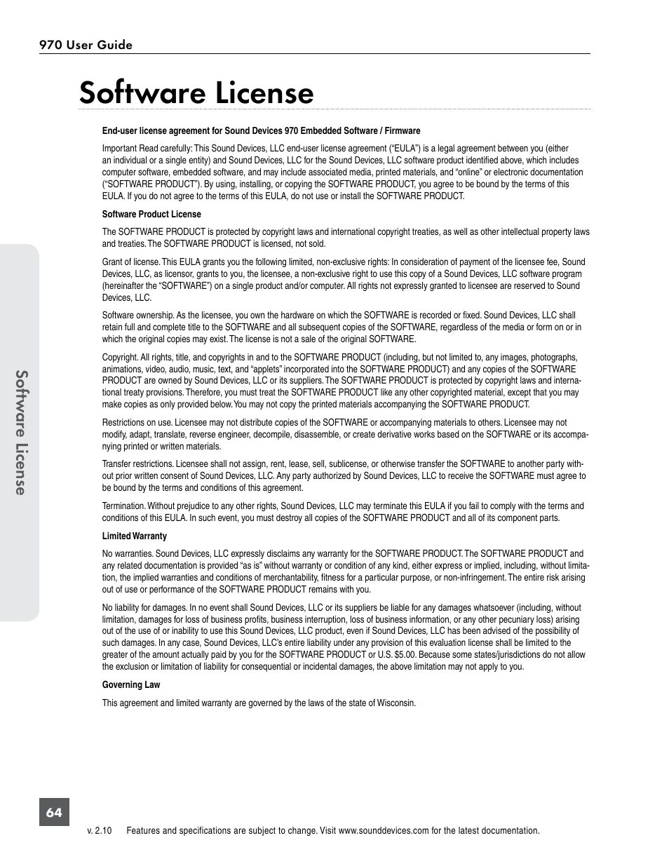 Software license, Sof tw ar e license | Sound Devices 970 User Manual | Page 70 / 74