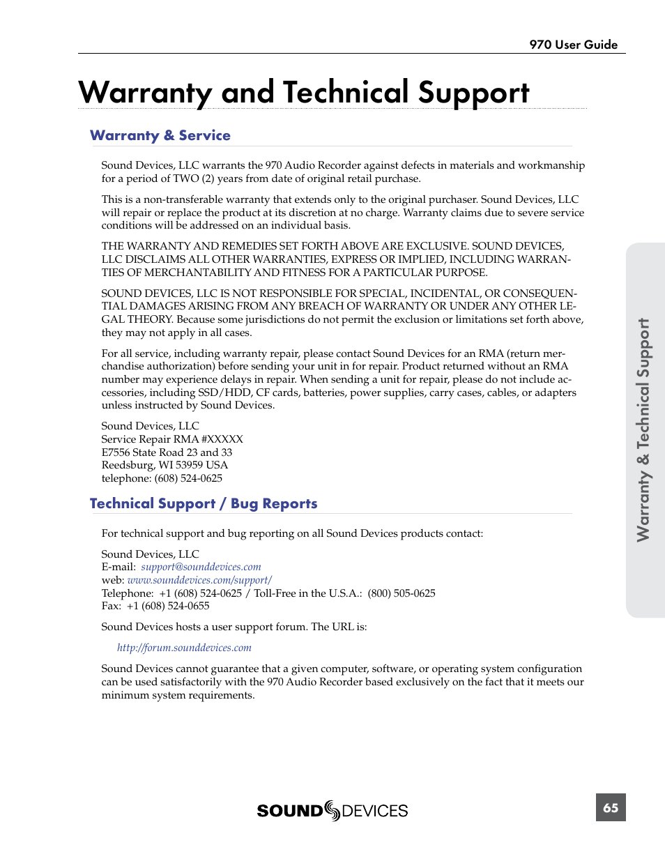 Warranty and technical support, War ranty & t ec hnical suppor t, Warranty & service | Technical support / bug reports | Sound Devices 970 User Manual | Page 71 / 74