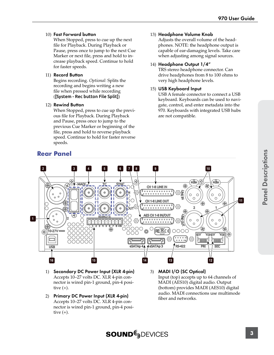 Rear panel, Panel descr ip tions | Sound Devices 970 User Manual | Page 9 / 74