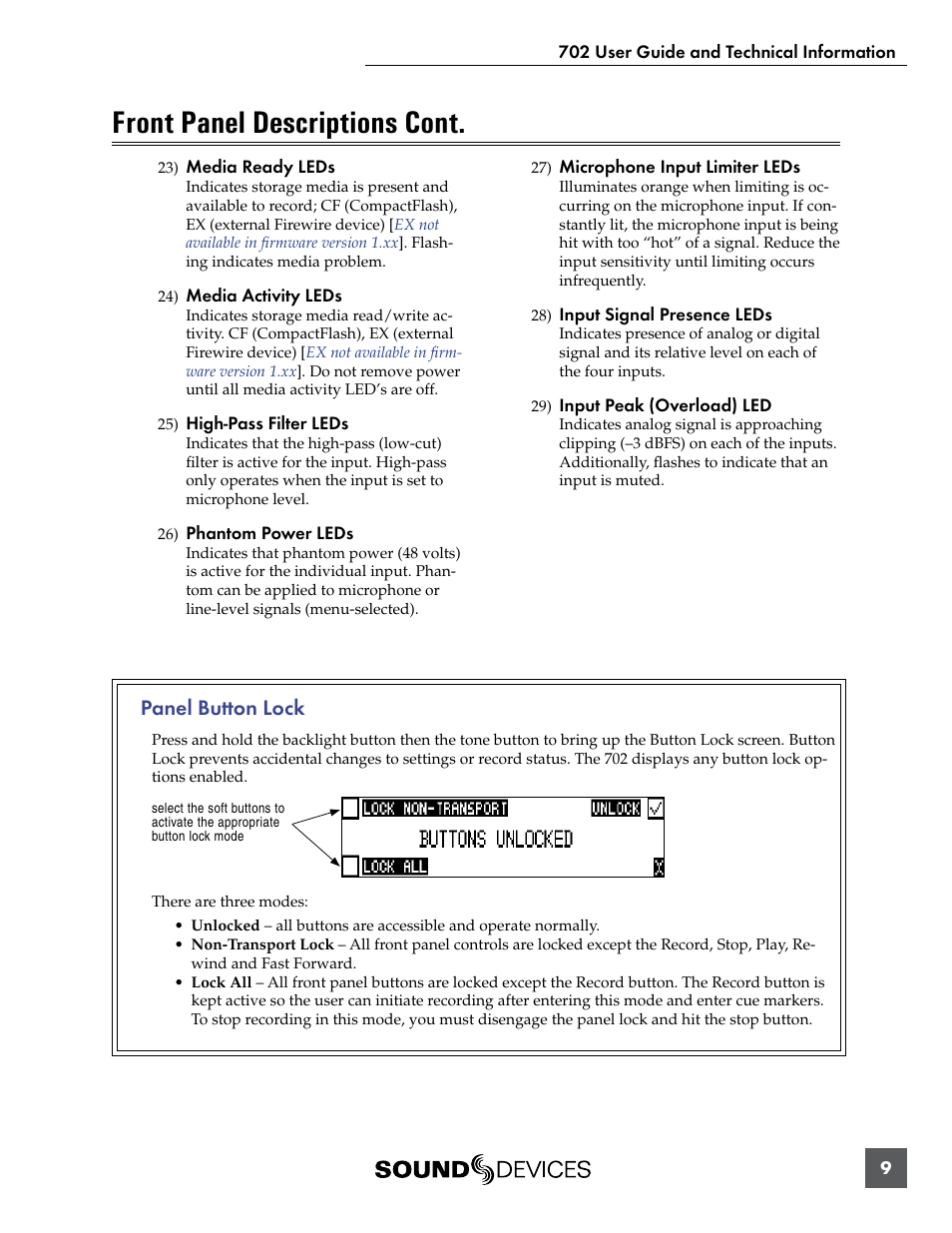 Panel button lock, Front panel descriptions cont | Sound Devices 702 User Manual | Page 11 / 78
