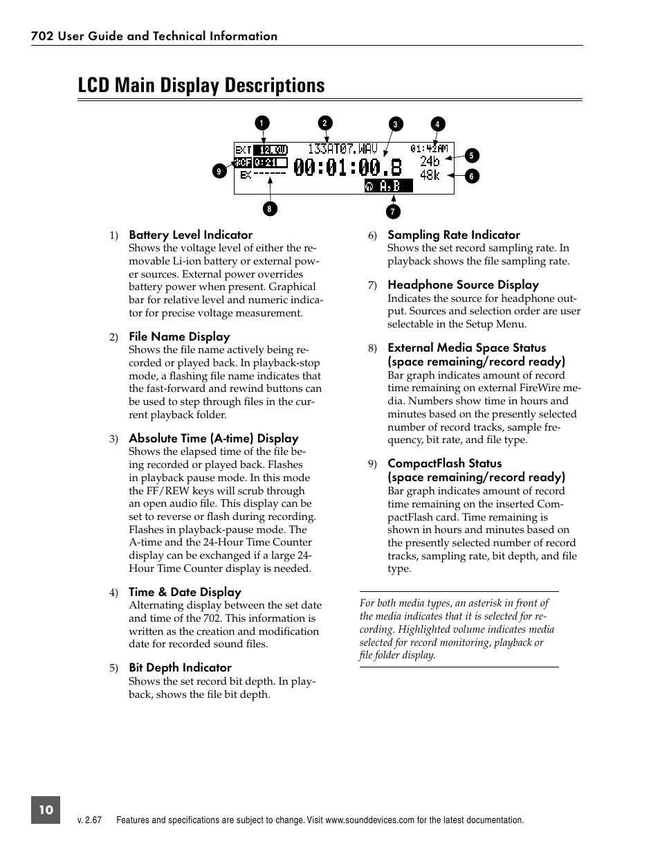 Lcd main display descriptions | Sound Devices 702 User Manual | Page 12 / 78