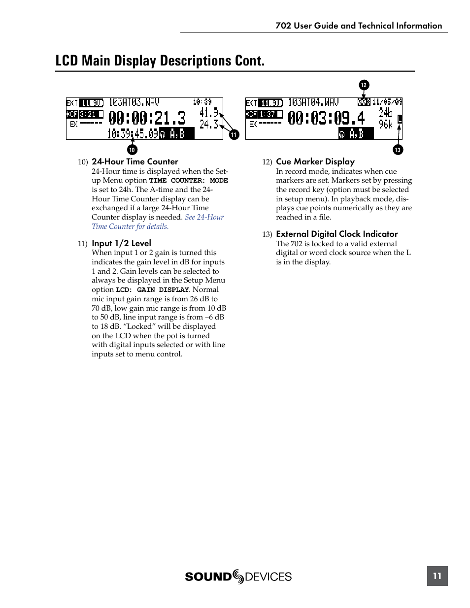 Lcd main display descriptions cont | Sound Devices 702 User Manual | Page 13 / 78