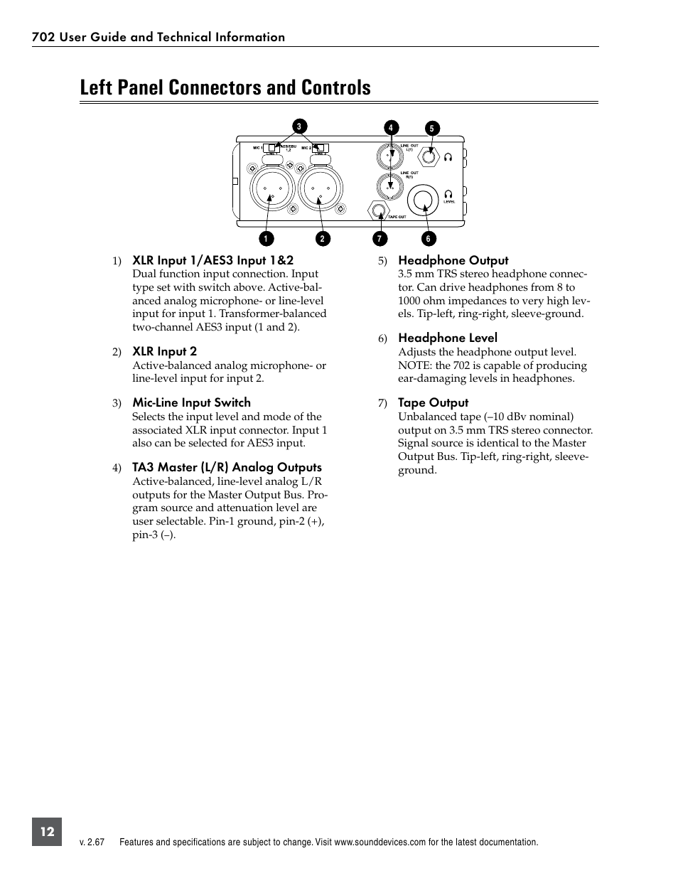 Left panel connectors and controls | Sound Devices 702 User Manual | Page 14 / 78