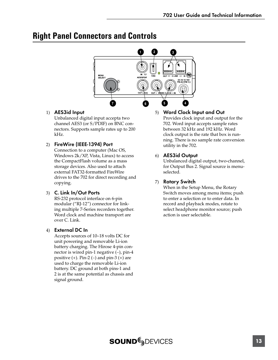 Right panel connectors and controls | Sound Devices 702 User Manual | Page 15 / 78