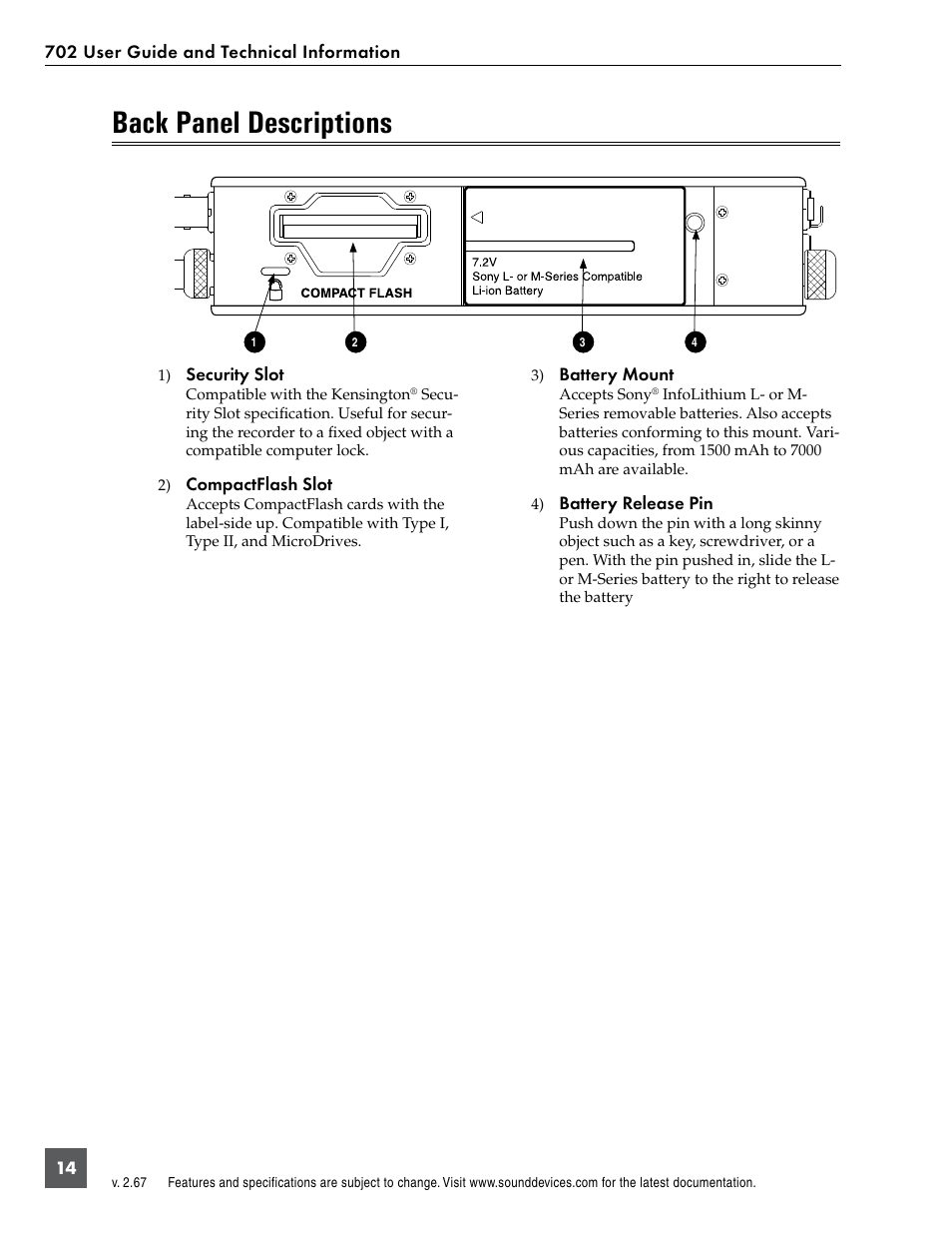 Back panel descriptions | Sound Devices 702 User Manual | Page 16 / 78