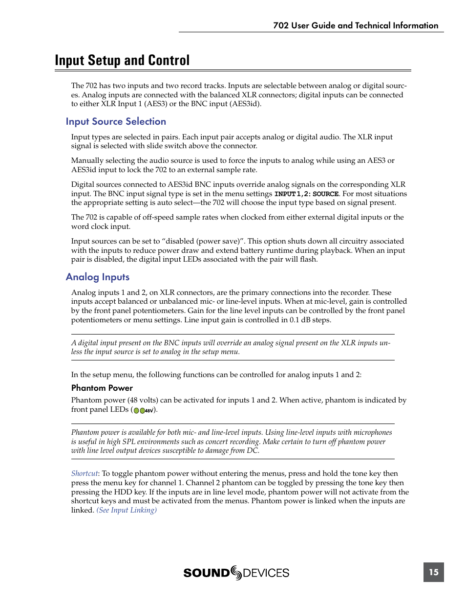 Input setup and control, Input source selection, Analog inputs | Input source selection analog inputs | Sound Devices 702 User Manual | Page 17 / 78