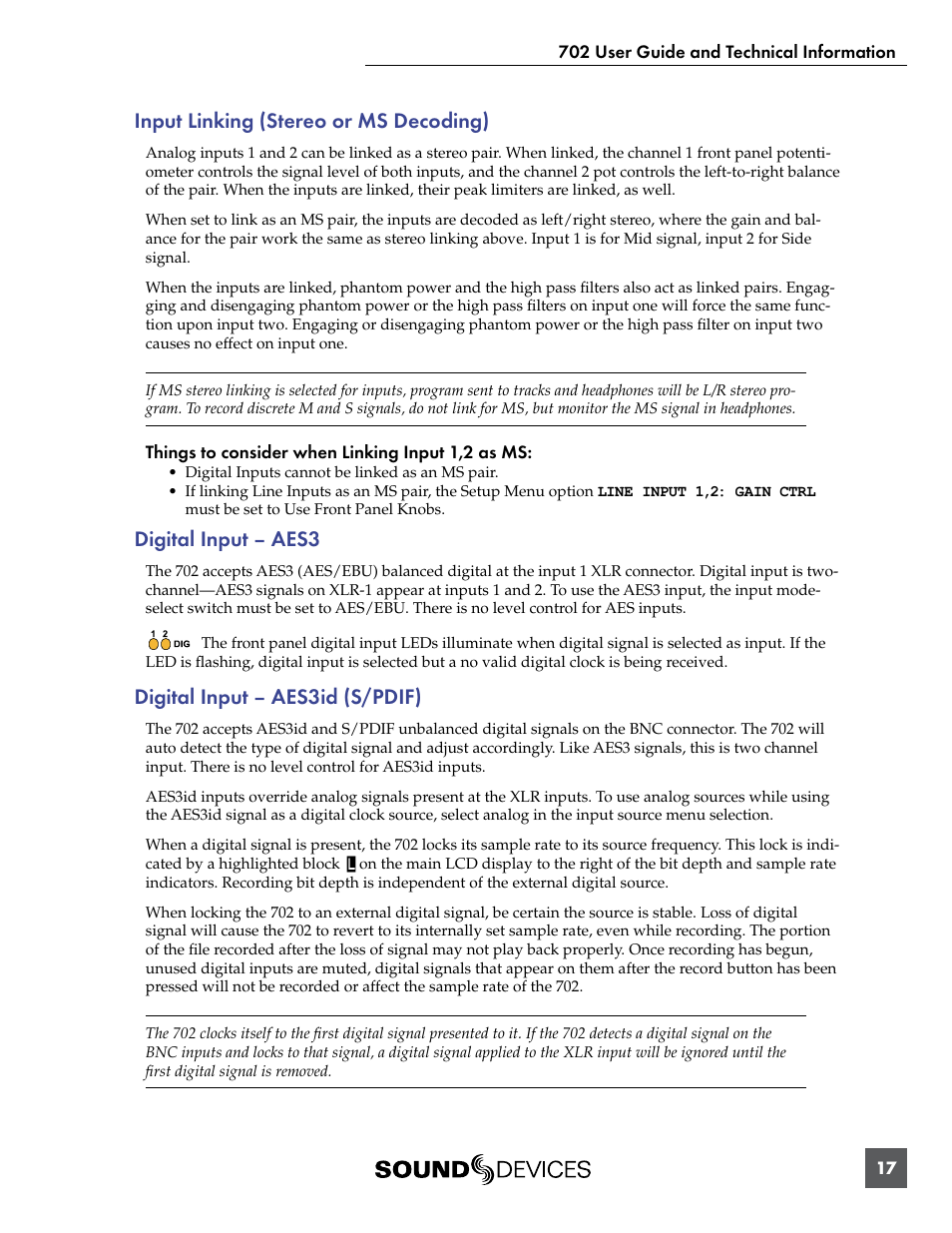 Input linking (stereo or ms decoding), Digital input – aes3, Digital input – aes3id (s/pdif) | Sound Devices 702 User Manual | Page 19 / 78