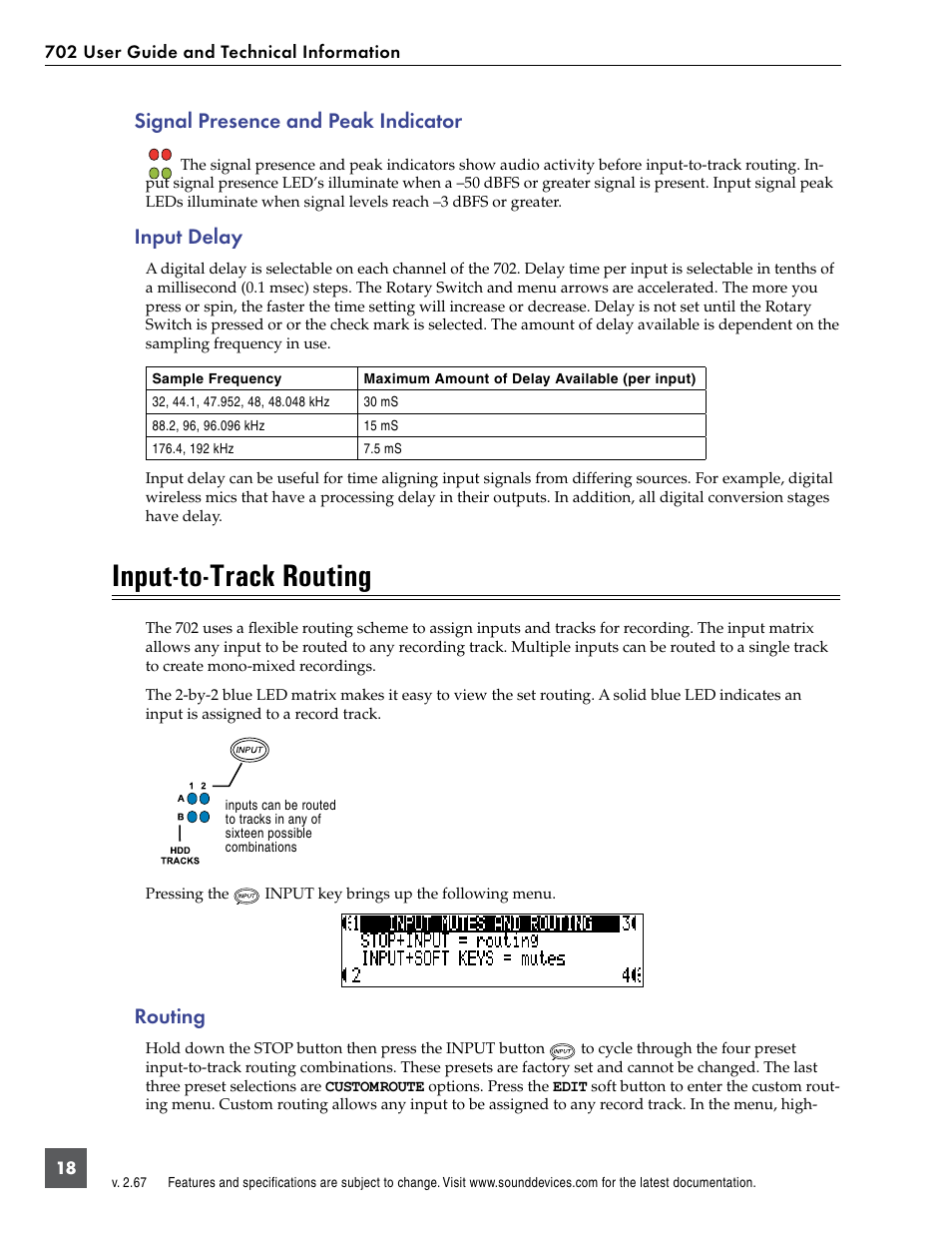 Signal presence and peak indicator, Input delay, Input-to-track routing | Routing, Signal presence and peak indicator input delay | Sound Devices 702 User Manual | Page 20 / 78