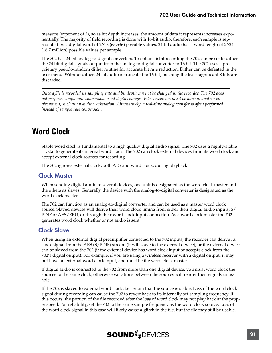 Word clock, Clock master, Clock slave | Clock master clock slave | Sound Devices 702 User Manual | Page 23 / 78