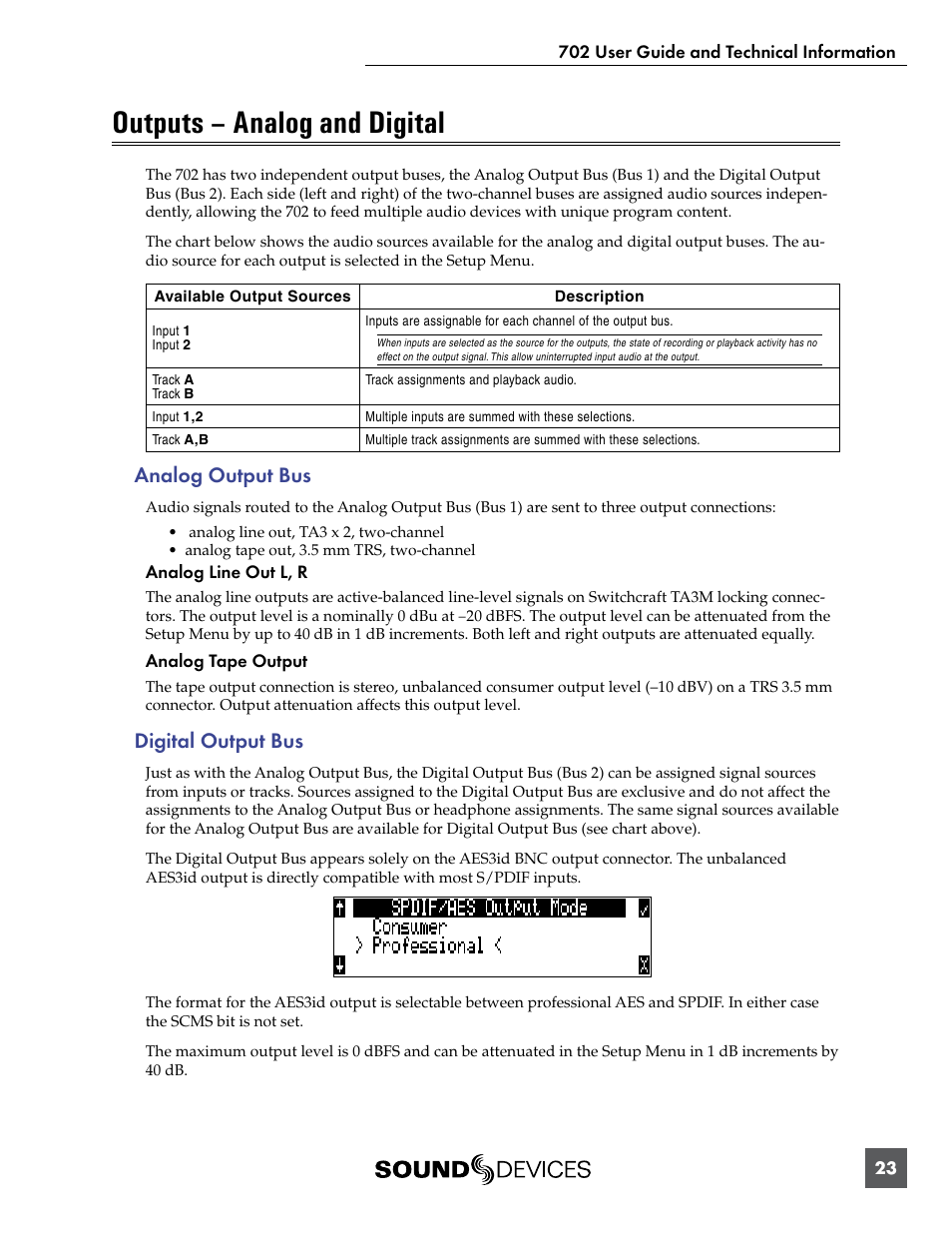 Outputs – analog and digital, Analog output bus, Digital output bus | Analog output bus digital output bus | Sound Devices 702 User Manual | Page 25 / 78
