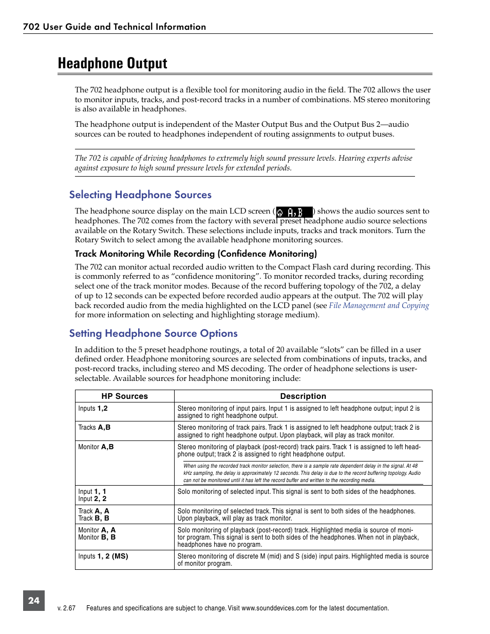 Headphone output, Selecting headphone sources, Setting headphone source options | Sound Devices 702 User Manual | Page 26 / 78