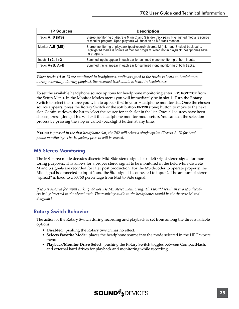 Ms stereo monitoring, Rotary switch behavior, Ms stereo monitoring rotary switch behavior | Sound Devices 702 User Manual | Page 27 / 78