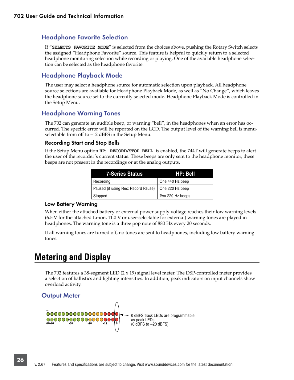 Headphone favorite selection, Headphone playback mode, Headphone warning tones | Metering and display, Output meter | Sound Devices 702 User Manual | Page 28 / 78