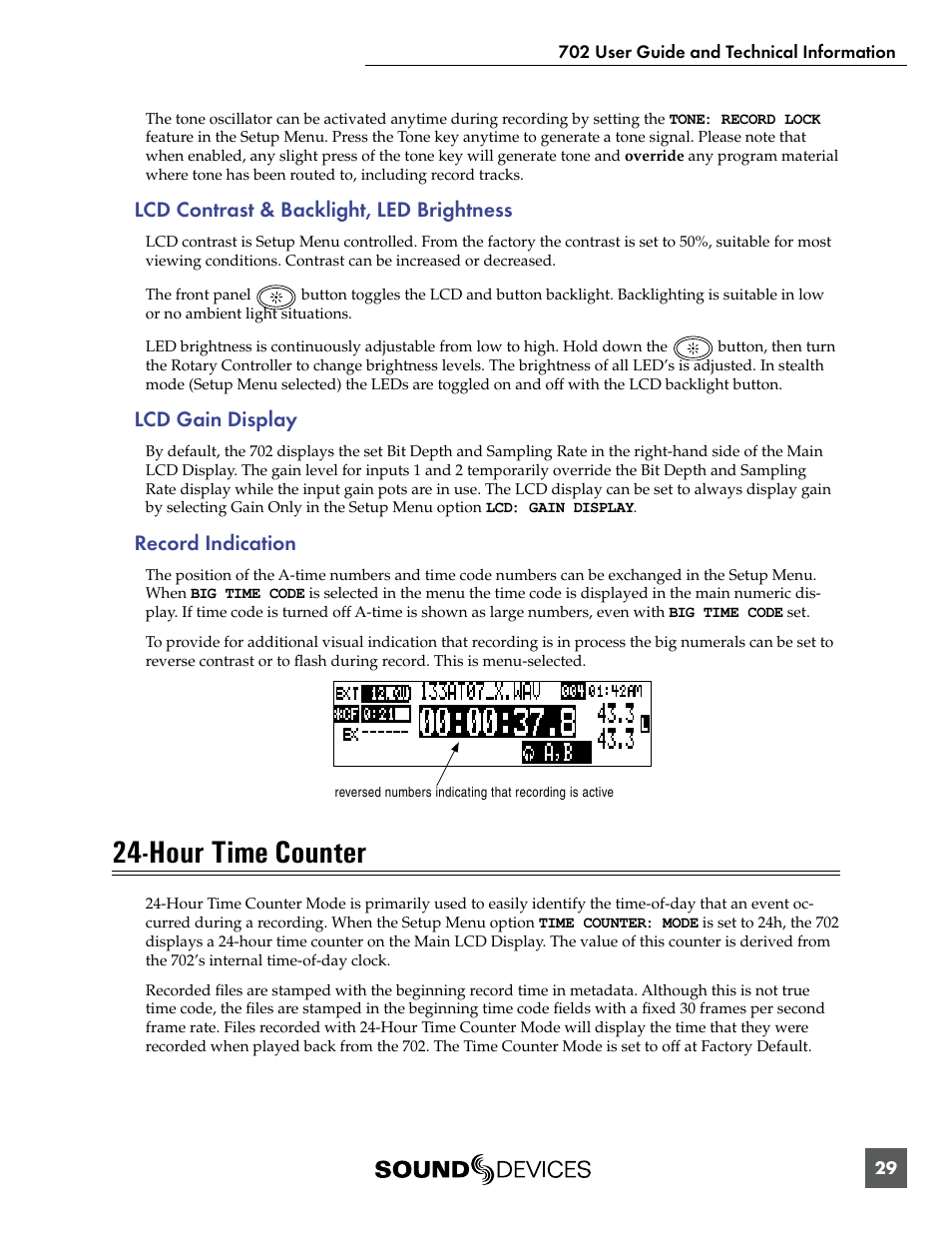 Lcd contrast & backlight, led brightness, Lcd gain display, Record indication | Hour time counter | Sound Devices 702 User Manual | Page 31 / 78