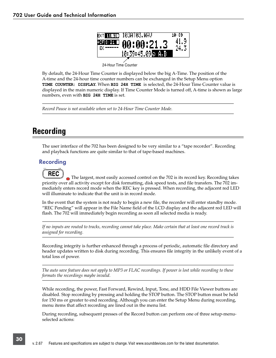 Recording | Sound Devices 702 User Manual | Page 32 / 78