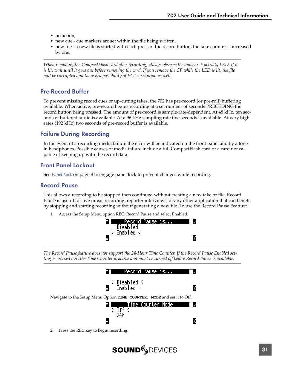 Pre-record buffer, Failure during recording, Record pause | Front panel lockout | Sound Devices 702 User Manual | Page 33 / 78