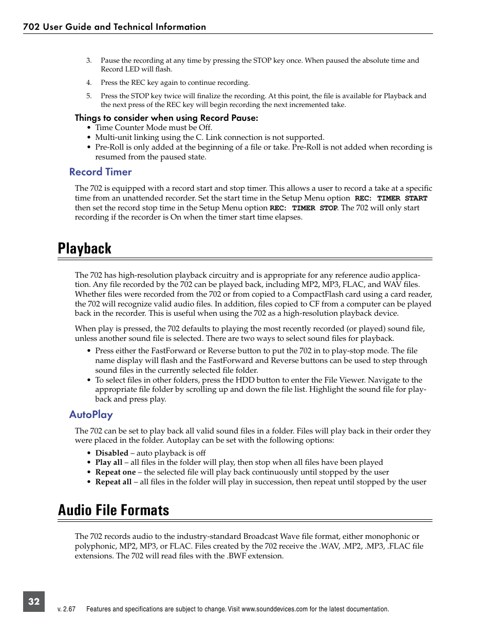 Record timer, Playback, Autoplay | Audio file formats | Sound Devices 702 User Manual | Page 34 / 78