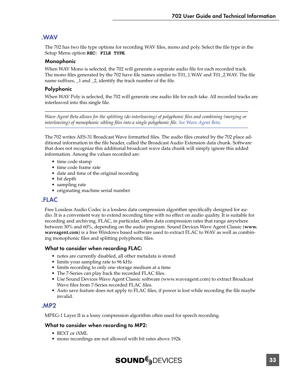 Flac, Wav .flac | Sound Devices 702 User Manual | Page 35 / 78
