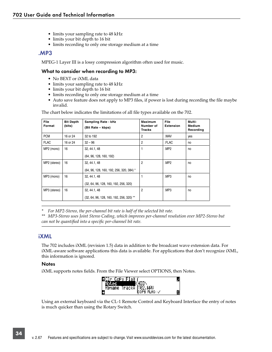 Ixml, Mp3 ixml, What to consider when recording to mp3 | Sound Devices 702 User Manual | Page 36 / 78