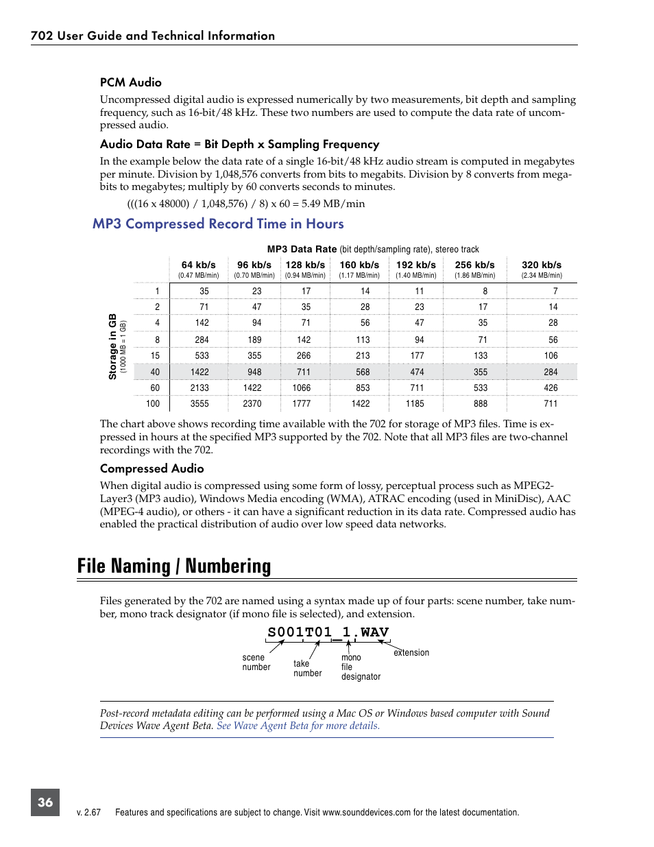 Mp3 compressed record time in hours, File naming / numbering, Pcm audio | Audio data rate = bit depth x sampling frequency, Compressed audio | Sound Devices 702 User Manual | Page 38 / 78