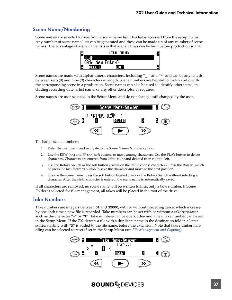 Scene name/numbering, Take numbers, Scene name/numbering take numbers | Sound Devices 702 User Manual | Page 39 / 78