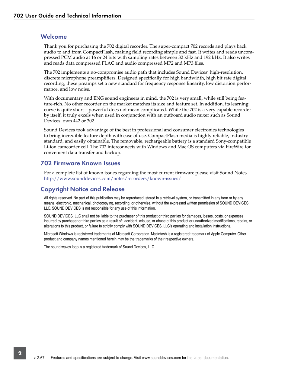 Welcome, 702 firmware known issues, Copyright notice and release | Sound Devices 702 User Manual | Page 4 / 78