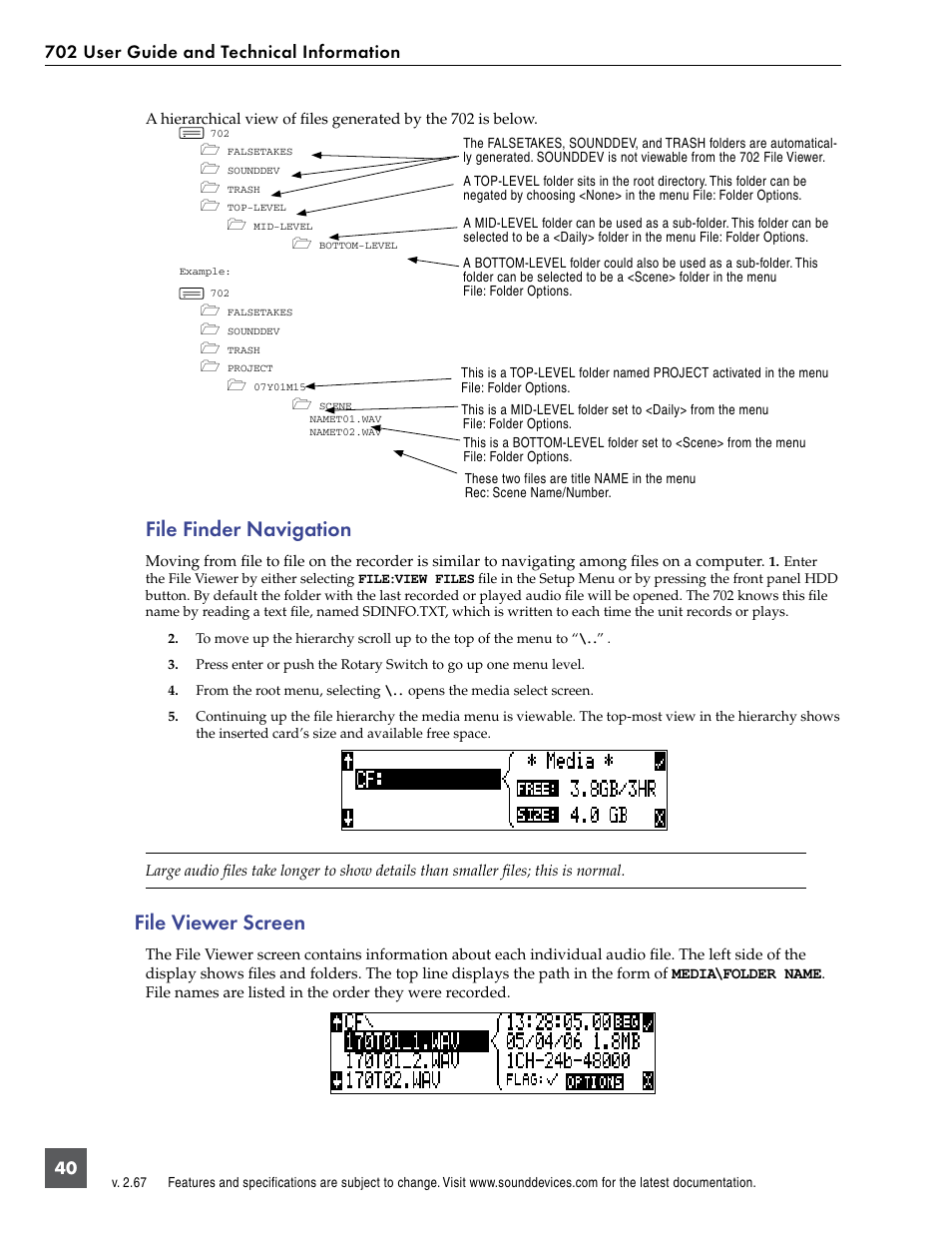 File viewer screen, File finder navigation | Sound Devices 702 User Manual | Page 42 / 78