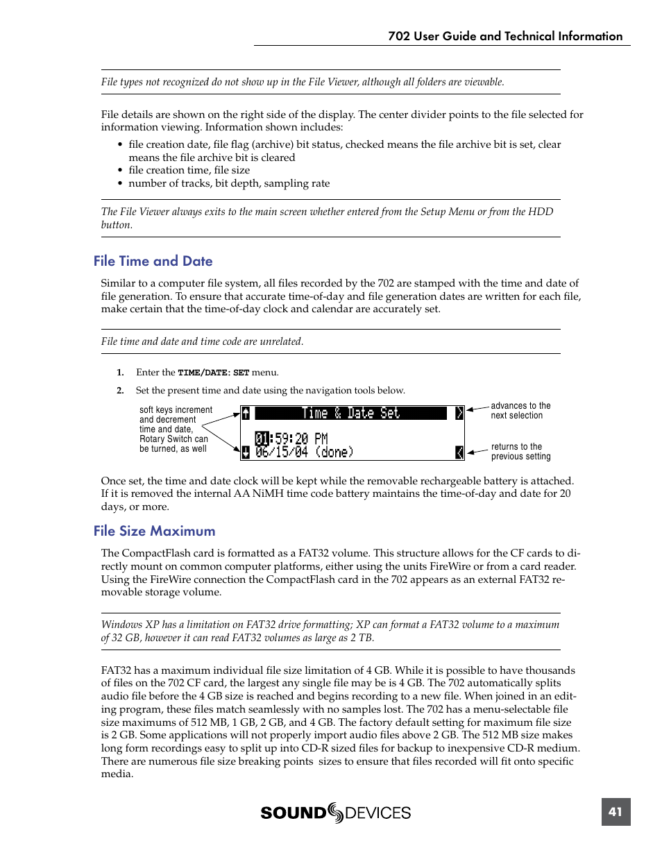 File time and date, File size maximum, File time and date file size maximum | Sound Devices 702 User Manual | Page 43 / 78