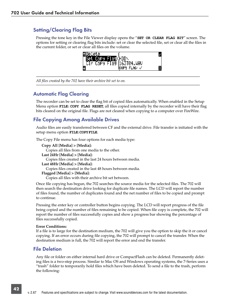 Setting/clearing flag bits, Automatic flag clearing, File copying among available drives | File deletion | Sound Devices 702 User Manual | Page 44 / 78