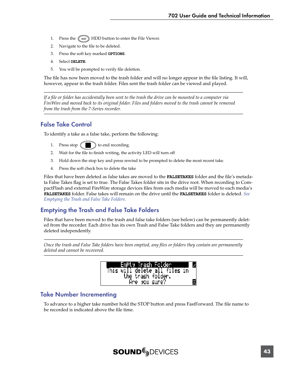 False take control, Emptying the trash and false take folders, Take number incrementing | Sound Devices 702 User Manual | Page 45 / 78