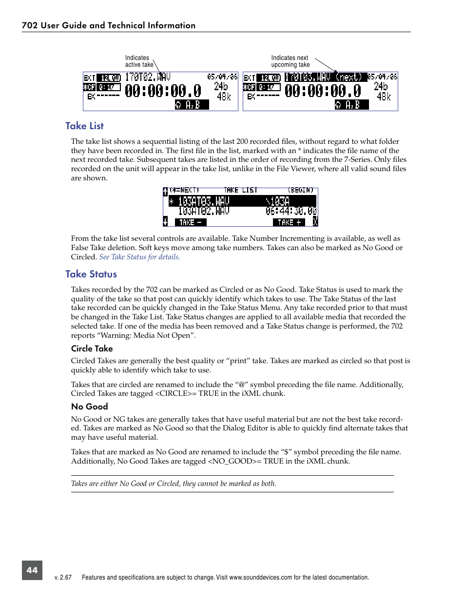 Take list, Take status, Take list take status | Sound Devices 702 User Manual | Page 46 / 78
