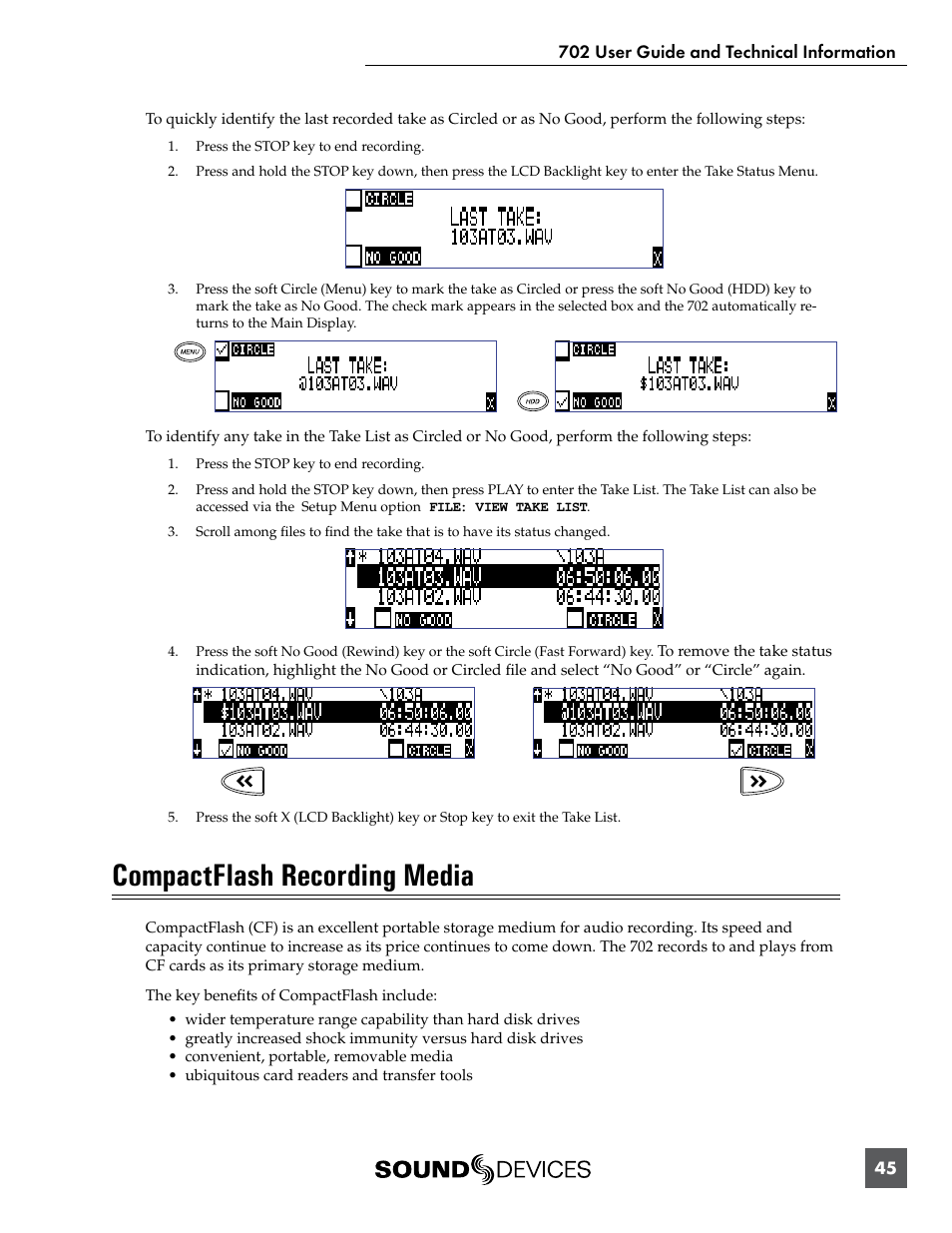 Compactflash recording media | Sound Devices 702 User Manual | Page 47 / 78