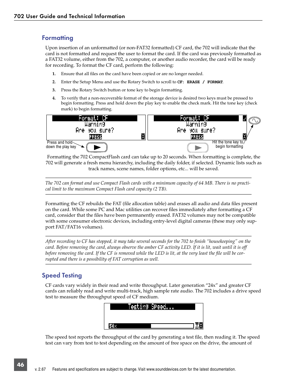 Formatting, Speed testing, Formatting speed testing | Sound Devices 702 User Manual | Page 48 / 78