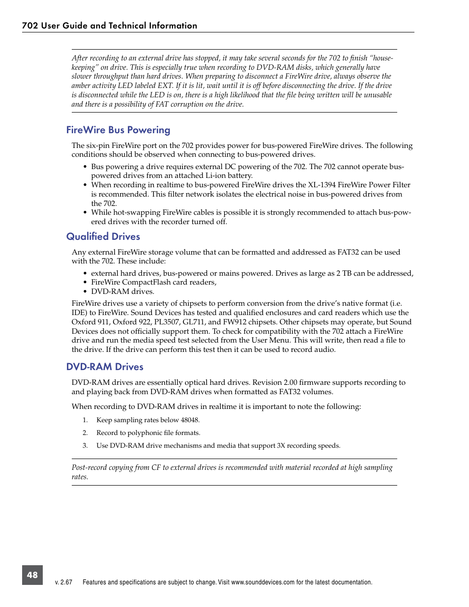 Firewire bus powering, Qualified drives, Dvd-ram drives | Sound Devices 702 User Manual | Page 50 / 78