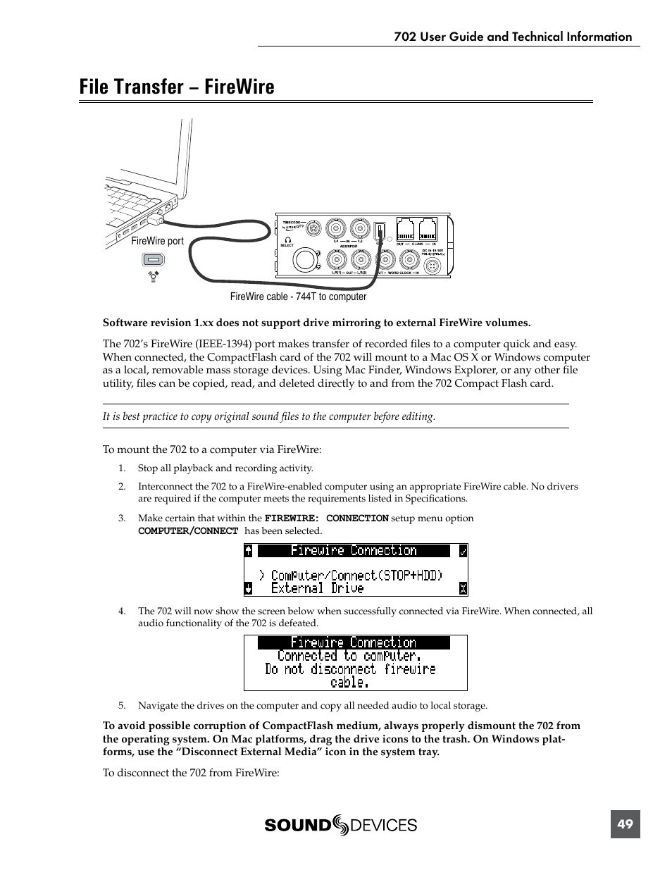 File transfer – firewire | Sound Devices 702 User Manual | Page 51 / 78