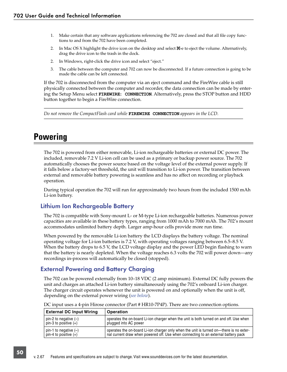 Powering, Lithium ion rechargeable battery, External powering and battery charging | Sound Devices 702 User Manual | Page 52 / 78