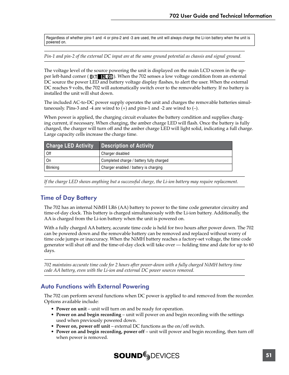 Time of day battery, Auto functions with external powering | Sound Devices 702 User Manual | Page 53 / 78