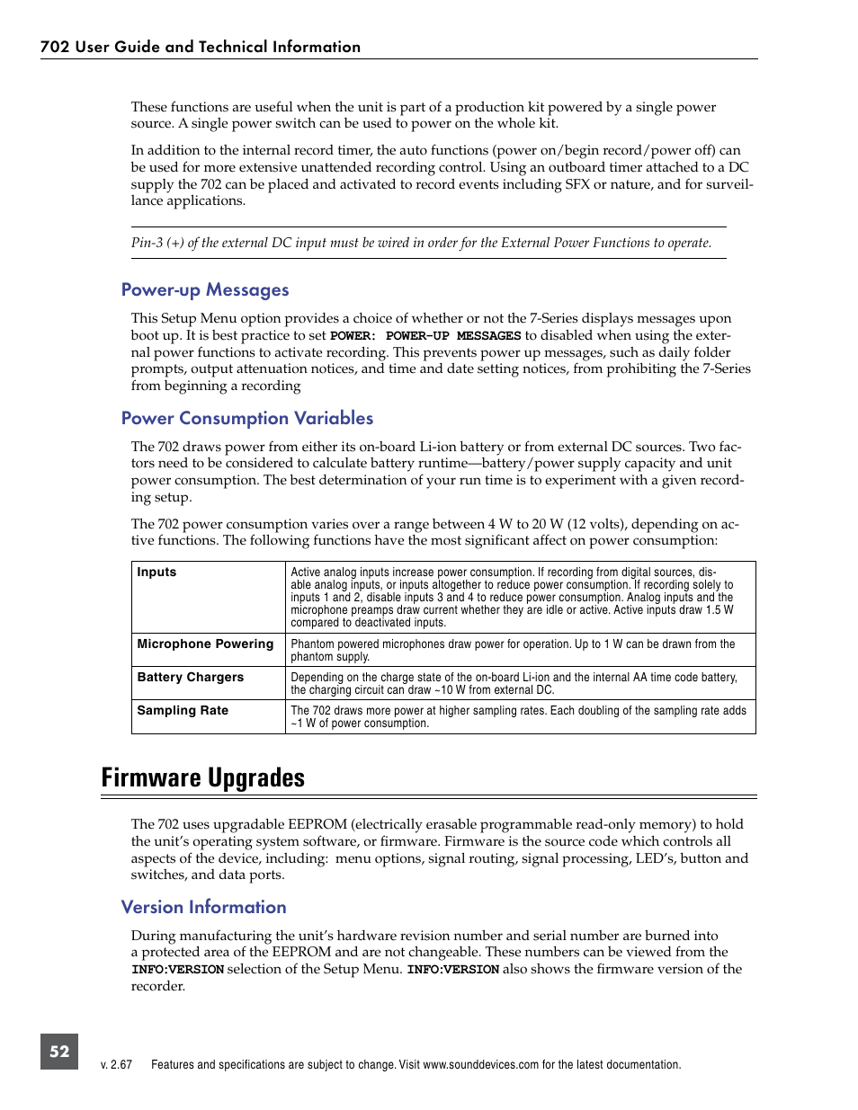 Power-up messages, Power consumption variables, Firmware upgrades | Version information, Power-up messages power consumption variables | Sound Devices 702 User Manual | Page 54 / 78