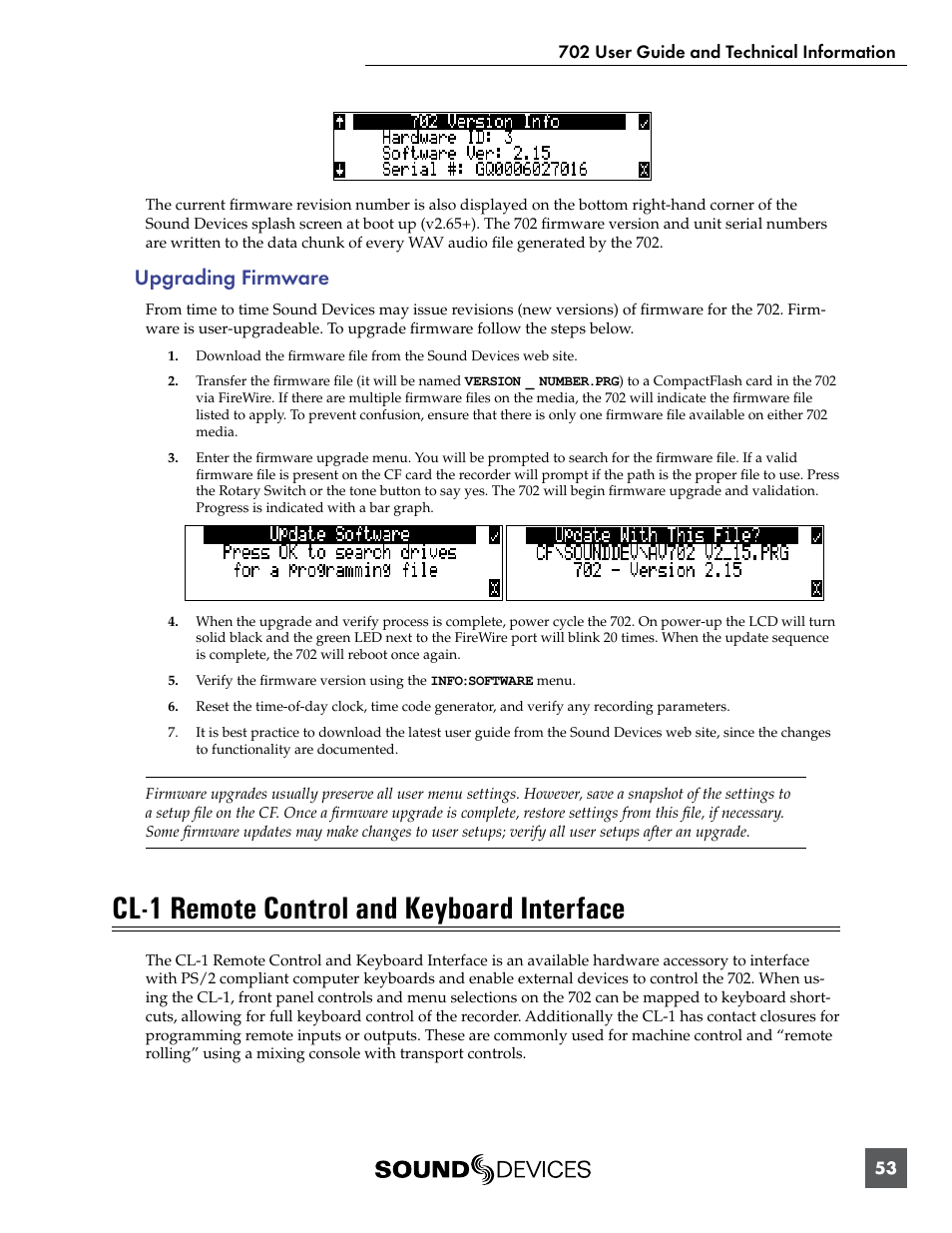 Upgrading firmware, Cl-1 remote control and keyboard interface | Sound Devices 702 User Manual | Page 55 / 78