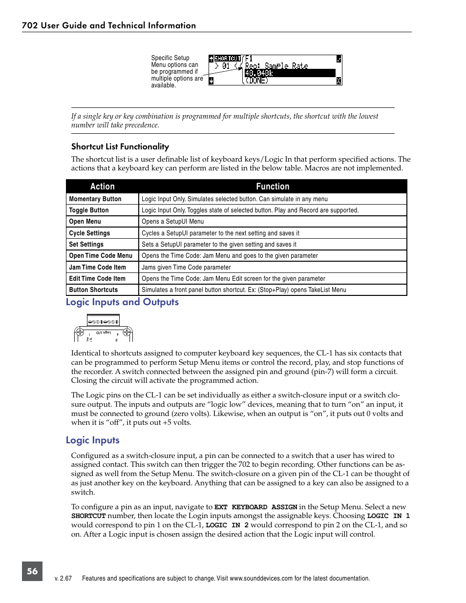 Logic inputs and outputs, Logic inputs, Logic inputs and outputs logic inputs | Sound Devices 702 User Manual | Page 58 / 78
