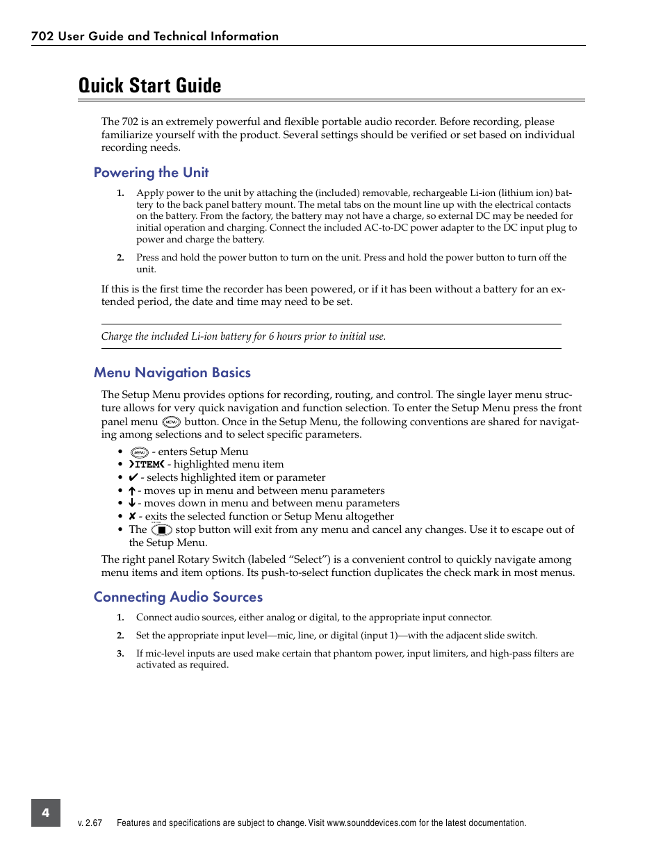 Quick start guide, Powering the unit, Menu navigation basics | Connecting audio sources | Sound Devices 702 User Manual | Page 6 / 78
