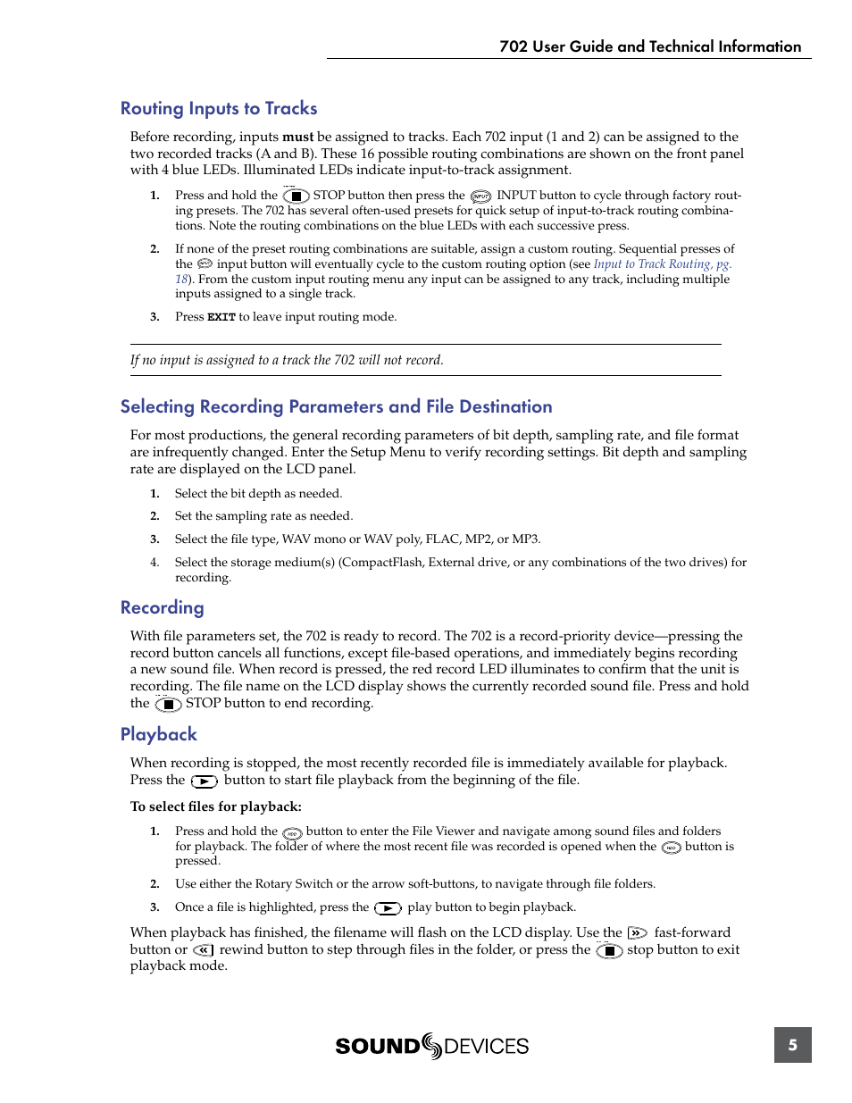 Routing inputs to tracks, Recording, Playback | Sound Devices 702 User Manual | Page 7 / 78