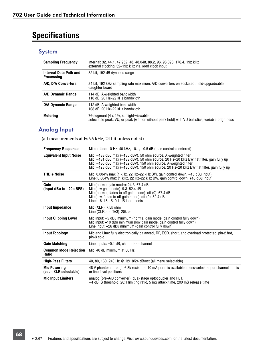 Specifications, System, Analog input | Sound Devices 702 User Manual | Page 70 / 78