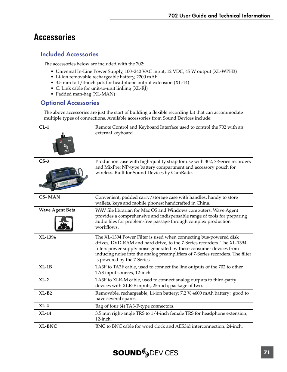 Accessories, Included accessories, Optional accessories | Sound Devices 702 User Manual | Page 73 / 78