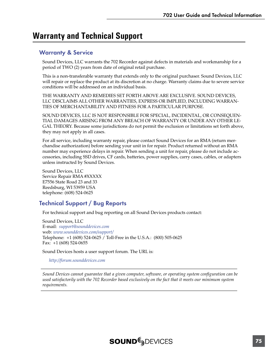 Warranty, Warranty and technical support, Warranty & service | Technical support / bug reports | Sound Devices 702 User Manual | Page 77 / 78