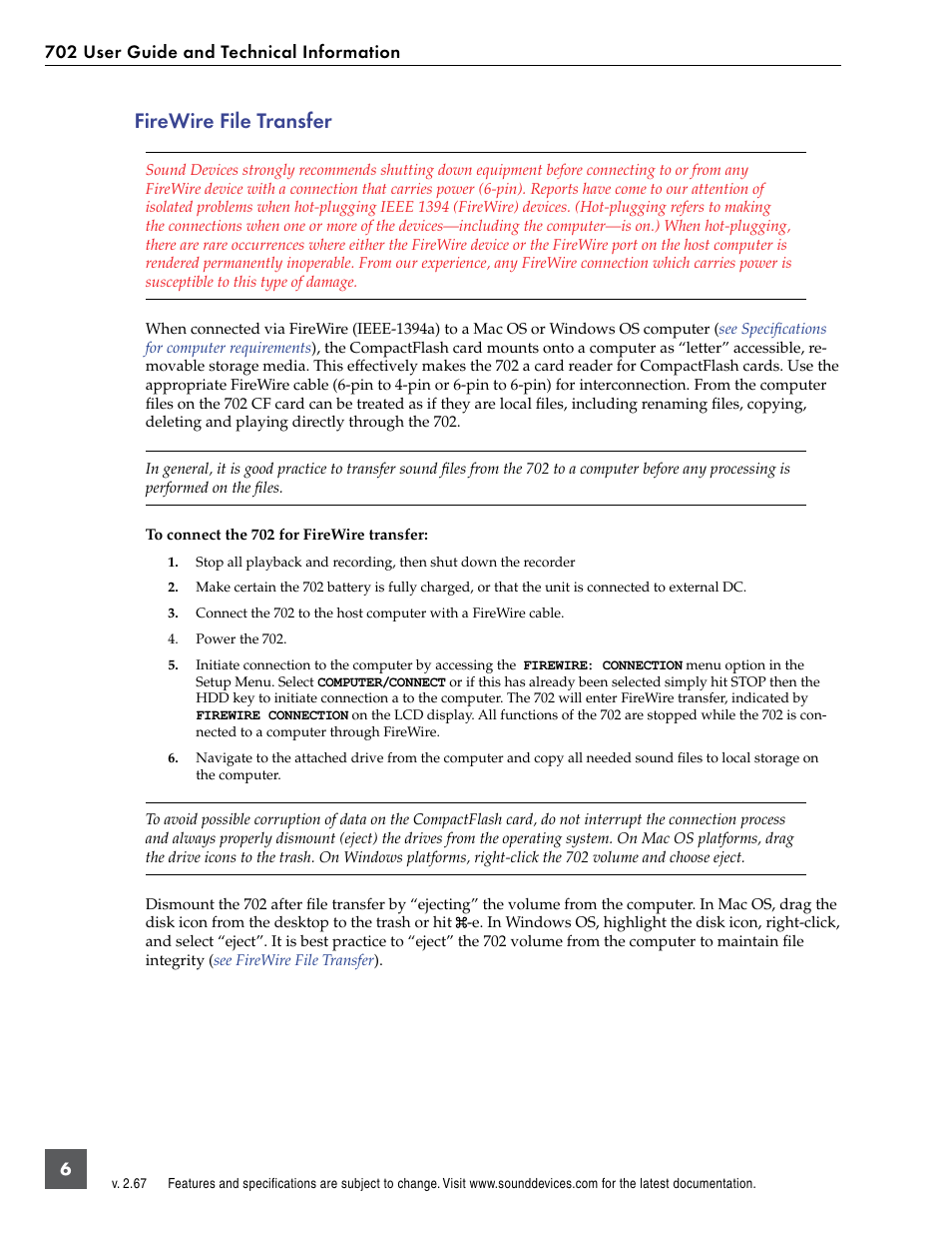 Firewire file transfer | Sound Devices 702 User Manual | Page 8 / 78
