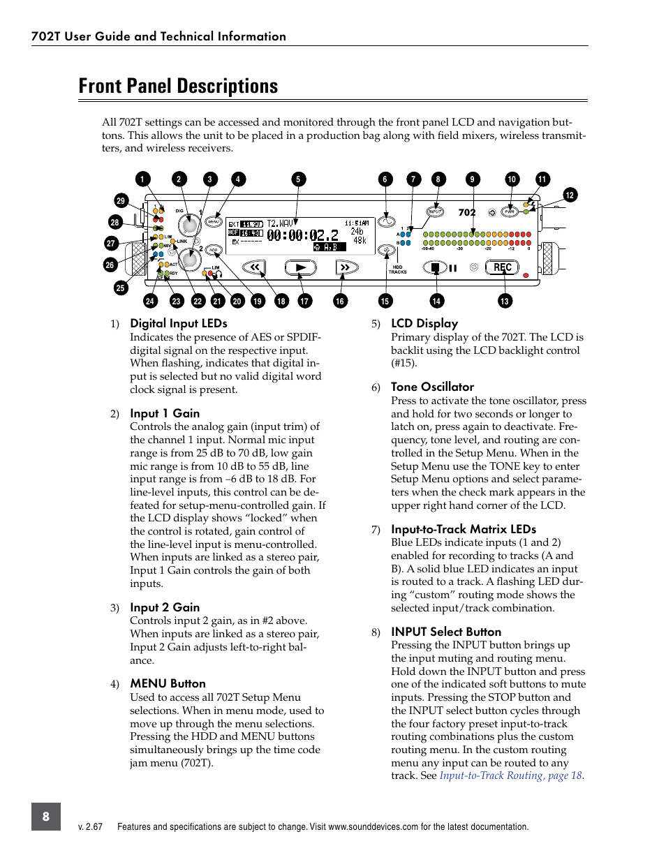 Front panel descriptions | Sound Devices 702T User Manual | Page 10 / 84